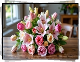 Kwiaty, Róże, Lilie, Tulipany, Bukiet, Stół, Okno, AI