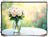 Kremowo-różowe, Róże, Szklany, Wazon, Stolik, Grafika AI