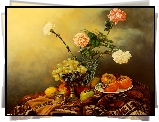 Aleksiej Antonow, Gozdziki, w, Wazonie, Owoce, Obraz
