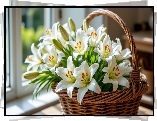 Kwiaty, Białe, Lilie, Koszyk, Okno