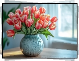 Czerwono-białe, Tulipany, Wazon, Okno