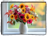 Kwiaty, Kolorowe, Bukiet, Biały, Wazon, Okno