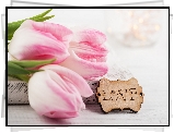Trzy, Bladoróżowe, Tulipany, Tabliczka, Napis, Love, Miłość