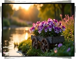 Drewniany, Wózek, Jezioro, Bratki, Kwiaty, Grafika