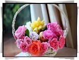Bukiet, Kolorowych, Róż, W, Białym, Koszyku