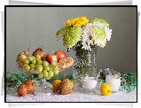Kompozycja, Bukiet, Chryzantemy, Flakon, Owoce, Jabłka, Gruszki