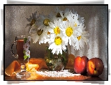 Kompozycja, Bukiet, Margerytki, Wazon, Nektarynki, Szklanka, Herbata