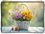 Kwiaty, Bukiet, Koszyk, Truskawki, Grafika