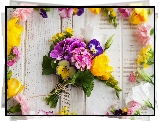 Kwiaty, Bukiet, Deski, Bratki, Frezje, Goździki, Kalanchoe