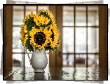Bukiet, Słoneczniki ozdobne, Okno, Parapet, Dzbanuszek