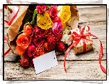 Bukiet, Róże, Bilecik, Prezent, Deski