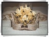 Bukiet, Kremowych, Róż, Pantofelki