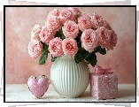 Kwiaty, Jasnoróżowe, Róże, Bukiet, Wazon, Serce, Prezent