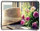 Bukiet, Róż, Słomiany, Kapelusz