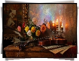 Kompozycja, Bukiet, Róże, Obraz, Skrzypce, Nuty, Świecznik, Świece