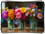Kwiaty, Kolorowe, Trzy, Bukiety, Słoiki, Blat, Grafika