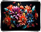 Kwiaty, Kolorowe, Kompozycja, Czarne tło, Grafika