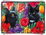 Czarne, Koty, Tulipany, Rysunek