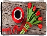 Kawa, Czerwona, Filiżanka, Czerwone, Tulipany, Wstążka, Deski