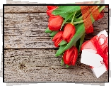 Czerwone, Tulipany, Prezent, Wstążka, Bilecik, Deski