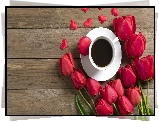 Czerwone, Tulipany, Kawa, Kubek, Deski