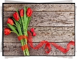 Czerwone, Tulipany, Serduszka, Miłość, Wstążeczka, Deski