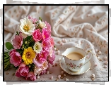 Różowe, Białe, Kwiaty, Bukiet, Filiżanka, Kawa, Płótno, Dekoracja
