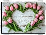 Różowe, Tulipany, Serce, Deski