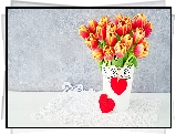 Tulipany, Doniczka, Dwa, Serca, Zawieszki, Serwetka, Szare tło