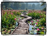 Kładka, Kwiaty, Lilie wodne, Kwitnące, Trzciny, Grafika Droga
