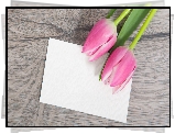 Dwa, Różowe, Tulipany, Kartka, Deski