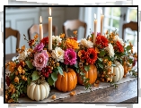 Stół, Kolorowe, Kwiaty, Dynie, Świece, Kompozycja