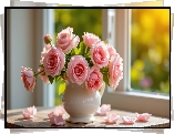 Kwiaty, Róże, Różowe, Dzbanek, Stół, Okno