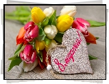 Dzień Kobiet, Bukiet, Tulipany, Serce, Napis