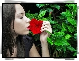 Dziewczyna, Profil, Czerwony, Kwiat, Hibiskusa