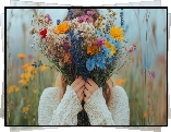 Dziewczyna, Bukiet, Kwiaty