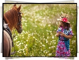 Dziewczynka, Koń, Łąka, Kwiaty
