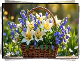 Kremowe, Lilie, Fioletowe, Dzwonki, Kwiaty, Wiklinowy, Koszyk