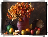 Kompozycja, Wazon, Bukiet, Kwiaty, Pomarańcze, Jabłka, Gruszka, Koszyk, Żelazko