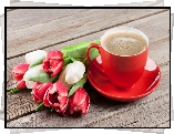 Czerwona, Filiżanka, Kawa, Kwiaty, Tulipany