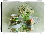 Kompozycja, Filiżanka, Herbata, Ciasto, Serwetka, Bukiet Kwiatów, Narcyze