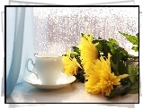 Filiżanka, Herbaty, Bukiet, Kwiatów, Okno, Deszcz