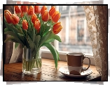 Bukiet, Tulipany, Wazon, Filiżanka, Talerzyk, Okno