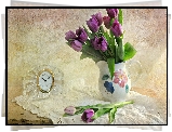 Fioletowe, Tulipany, Bukiet, Dzbanuszek, Zegarek
