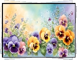 Kolorowe, Bratki, Żółte, Fioletowe, Kwiaty, Grafika