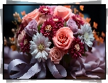 Bukiet, Kwiaty, Róże, Gerbery, Wstążka, Kokarda