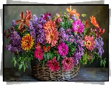Bukiet, Kolorowe, Kwiaty, Gerbery, Astry, Koszyk