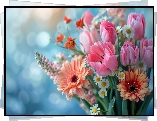 Tulipany, Gerbery, Kwiaty, Bukiet, Grafika