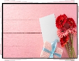 Gerbery, Prezent, Kartka, Różowe, Deski