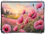 Różowe, Maki, Łąka, Grafika